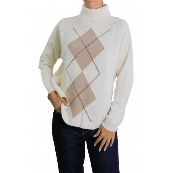 Maglione con rombi bicolore  collo alto misto cashmere